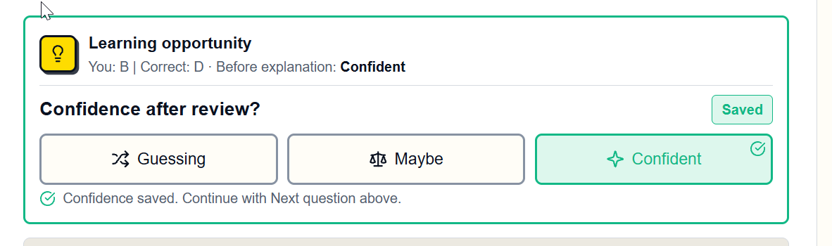 Kesler review example shows an originally confident wrong answer and separate Guessing, Maybe, and Confident choices after reviewing the explanation.