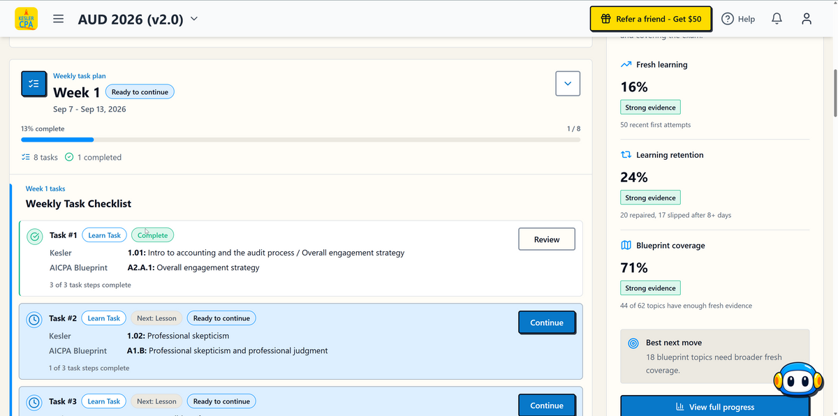 Kesler weekly task checklist shows a completed Learn task and the next lesson with a Continue button.