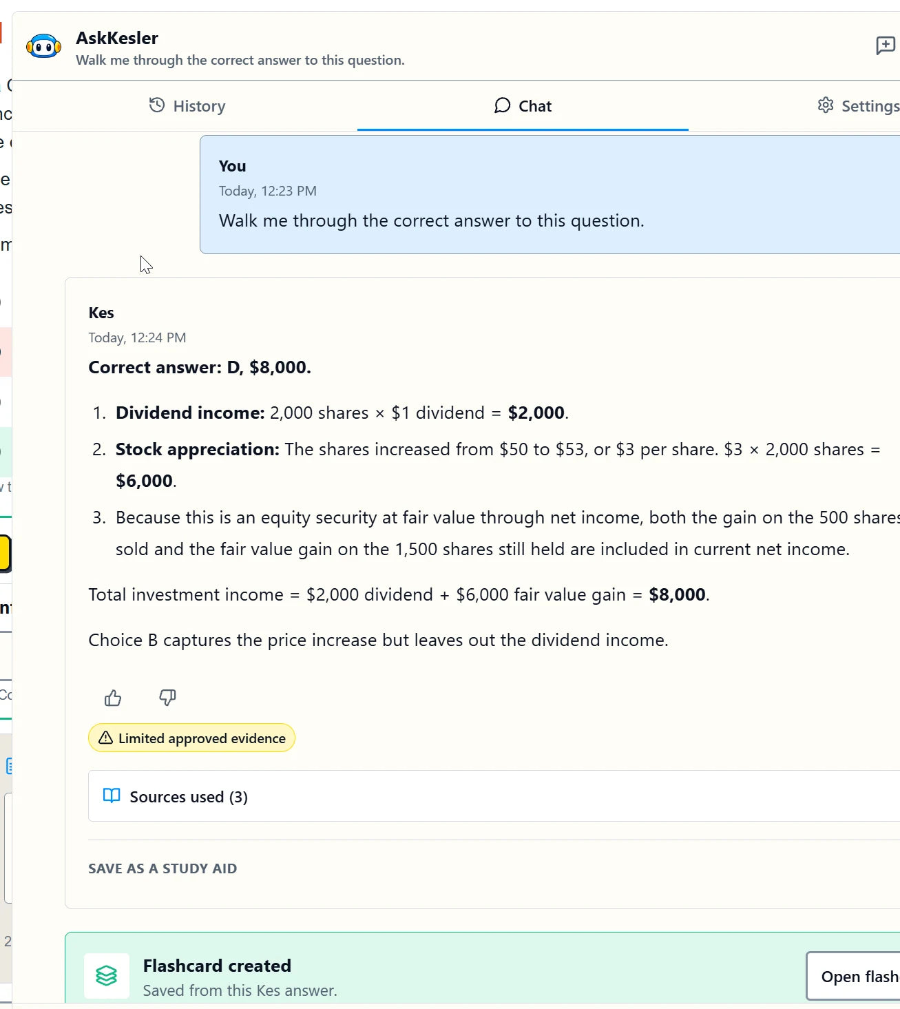 Ask Kes explains dividend income and stock appreciation, shows source references and offers to save a study aid