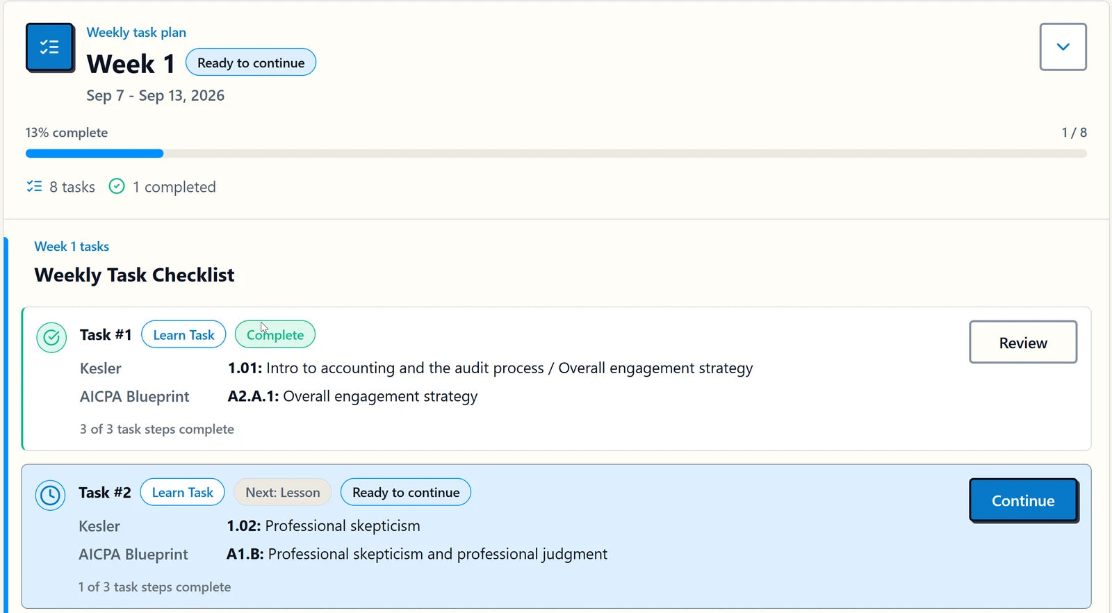 Kesler weekly study plan with learning tasks and completion states