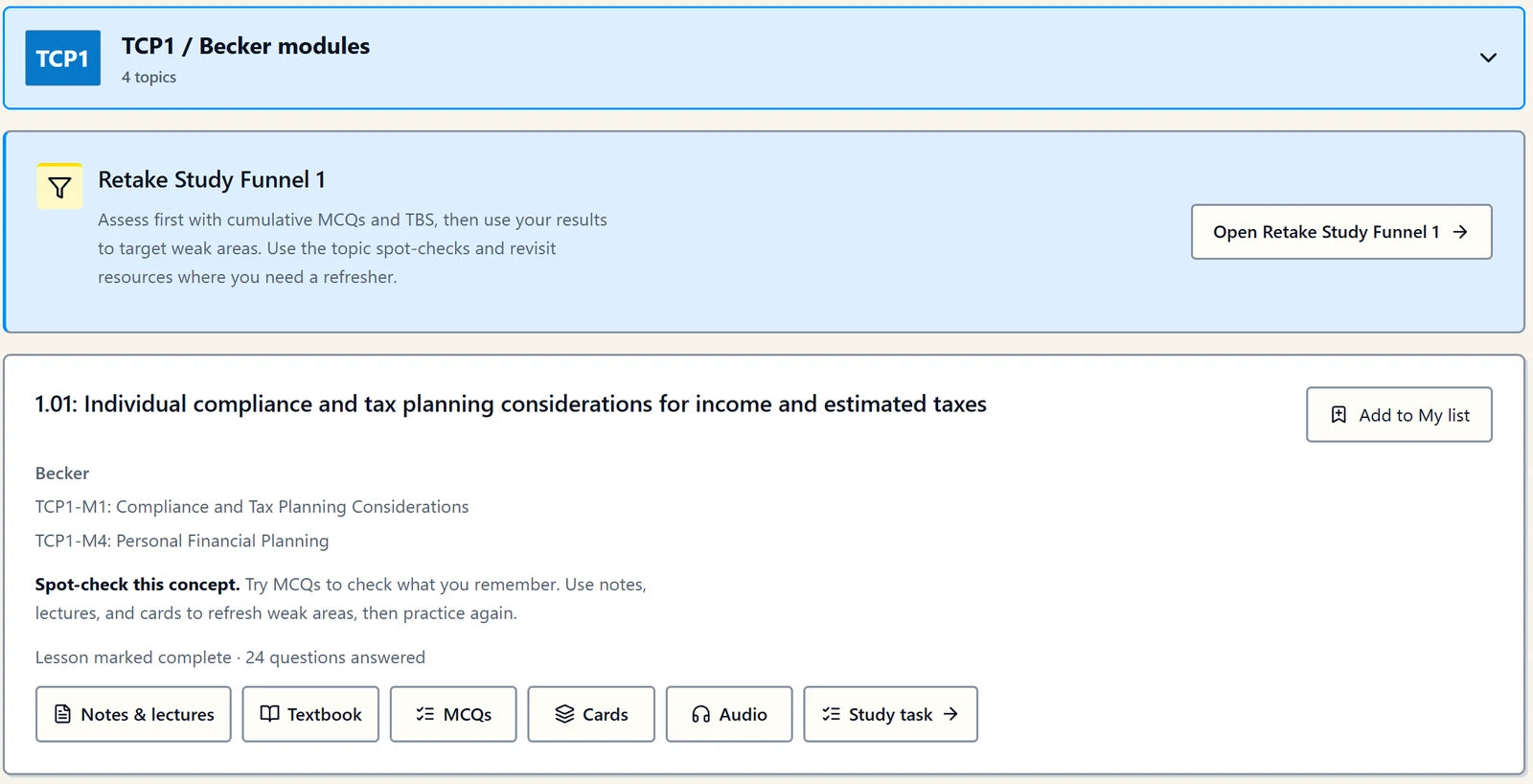 Kesler TCP Topic Plan organized by Becker modules with linked study resources